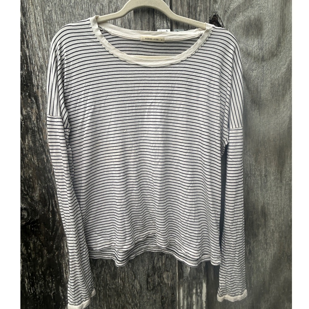 Marine Layer Striped Coastal Long Sleeve Crew Neck White Navy Blue Basic Layer S
